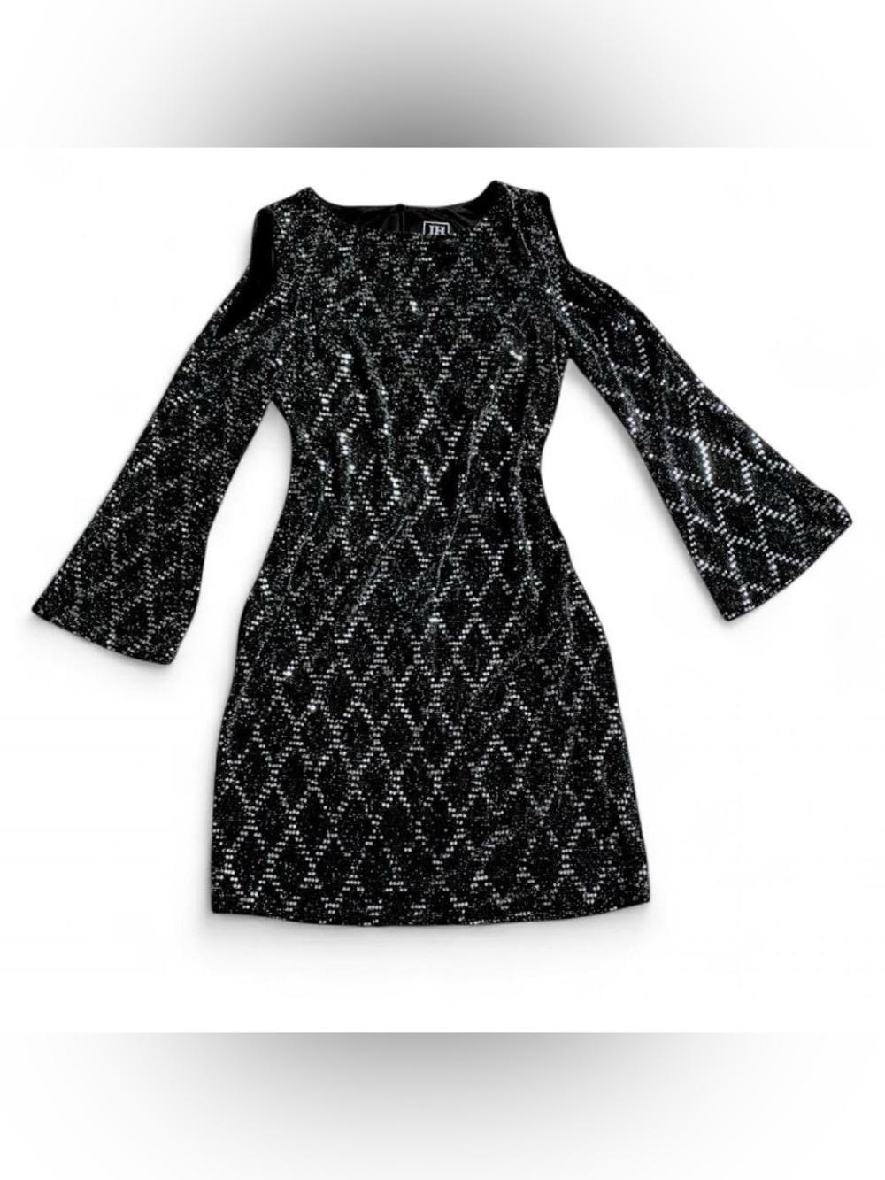 Sequin Cold-Shoulder Mini Dress in Black